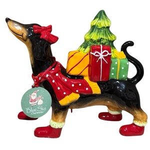 Blue Sky Clayworks Festive Dachshund Figurine Carrying Christmas Tree & Gifts